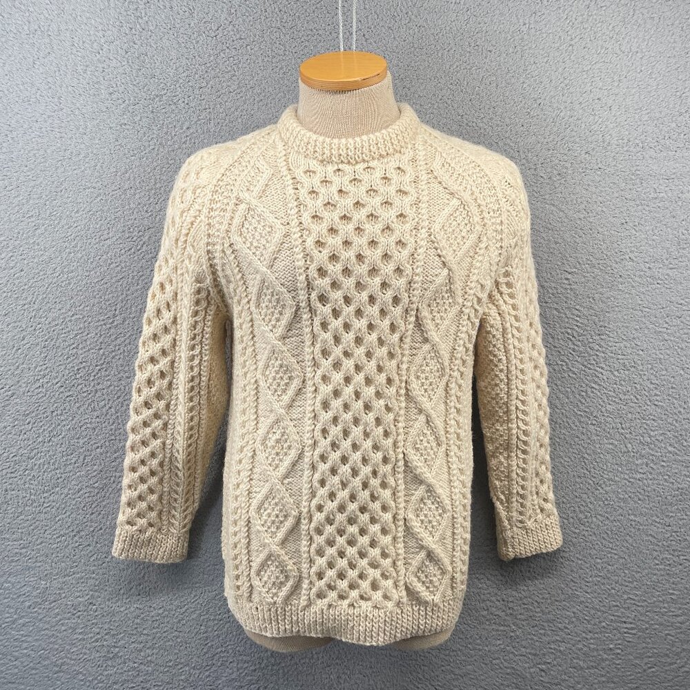 Vintage Mens Irish Fisherman Sweater KAM Knitwear Aran Hand Knits Wool 42 Medium - Picture 1 of 14
